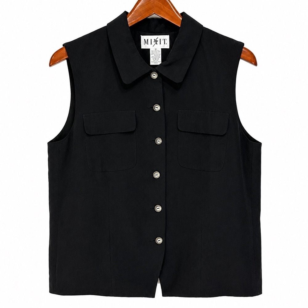 Mixit Black Silk Linen Blend Sleeveless Button Front Vest Top Size 12 Pocket